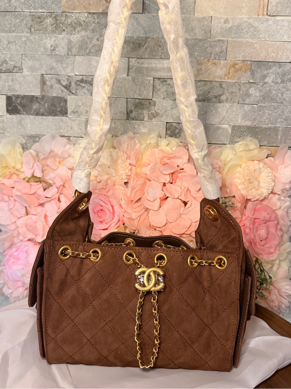 Chocolate Brown Suede Quilted Chain-Accent Women's Shoulder Bag